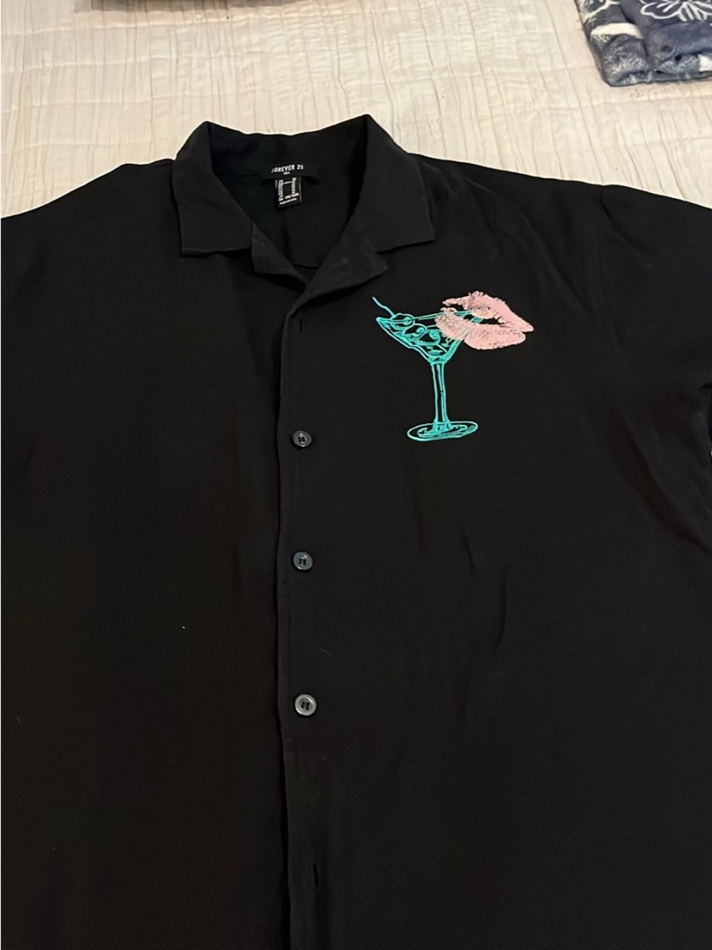 Forever 21 Black Button-Up Shirt with Teal Cocktail & Pink Lip Embroidery
